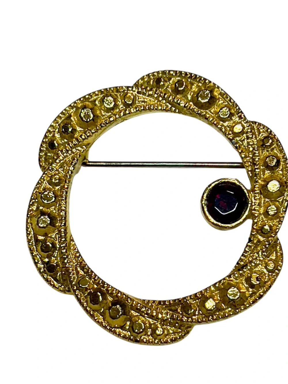 Vintage Gold Tone Round Textured with Garnet Red Rhinestone Brooch/Pin Victorian